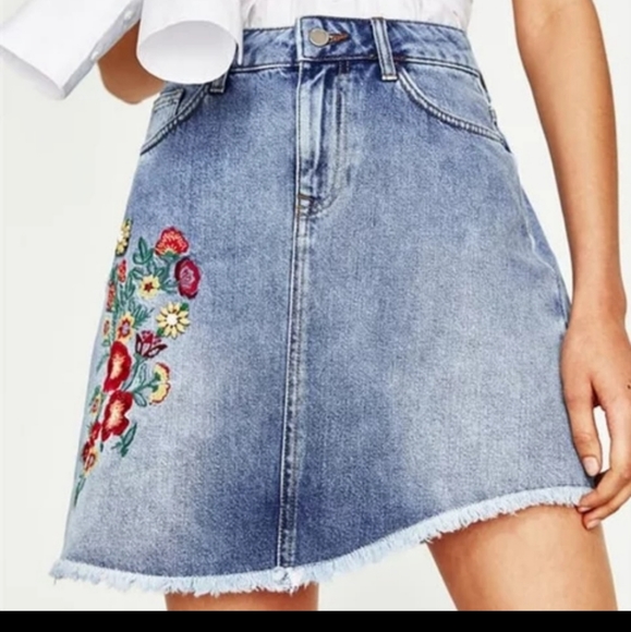 Zara denim asymmetrical skirt with embroidery , S - Picture 1 of 2